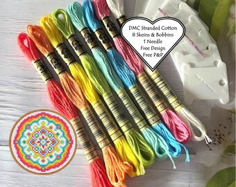DMC Stranded Cotton / 8 Skeins Fesitval /DMC Threads / Cross Stitch Floss / Embroidery Threads / Free Mandala Pattern / DMC Starter Pack