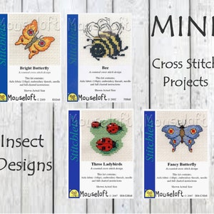 May include: Four counted cross stitch patterns featuring insect designs. The designs include a bright butterfly, a bee, three ladybugs, and a fancy butterfly. Each pattern is labeled with the name of the design and the company name, Mouseloft.