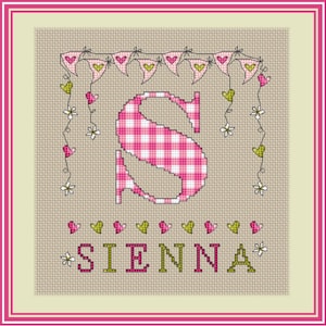Girls Gingham Bunting Monogram // Letter S // Personalized Alphabet Sampler PDF // Cross Stitch Pattern // Instant Download // PDF Chart