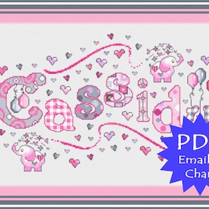 PDF op maat gemaakte grafiek // Pink Elephant Sampler // Elephant Name Cross Stitch // Name Plaque // Girls Pink Balloon Gepersonaliseerde Cross Stitch Naam