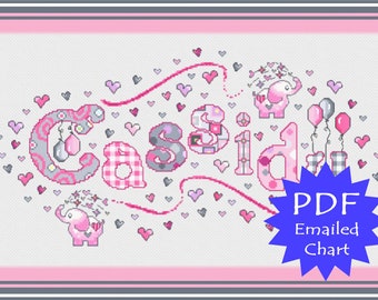 PDF Bespoke Chart // Pink Elephant Sampler// Elephant Name Cross Stitch // Name Plaque // Girls Pink Balloon Personalized Cross Stitch Name