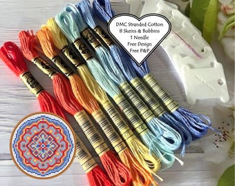 DMC Stranded Cotton / 8 Skeins Hot and Cold /DMC Threads // Cross Stitch Floss / Embroidery Thread / Free Mandala Pattern / DMC Starter Pack