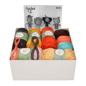 May include: A box of Anchor Frosted yarn in various colors, including orange, yellow, brown, and teal. The yarn is arranged in a grid pattern and is ready for crocheting. The box also includes a pattern for crocheting animal figures.