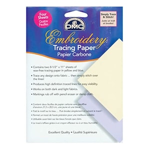May include: DMC embroidery tracing paper package. The package is blue with the words "Embroidery Tracing Paper" and "Papier Carbone". It contains four sheets of wax-free tracing paper, 21.5cm x 28.5cm in yellow and blue. The paper is for tracing designs onto fabric.
