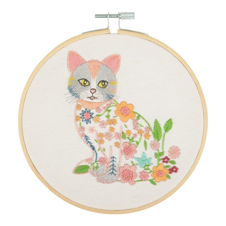 Floral Cat Embroidery Kit / Cat Embroidery Kit / White Cat Sewing kit // White Floral Cat Embroidery / Free Hoop / Flower Cat Embroidery Kit image 1