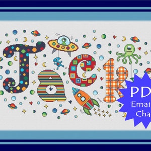 PDF Bespoke Cross Stitch Chart / Outer Space Boys Sampler/ Rocket Name Cross Stitch / Pattern / Solar System Boys Personalized  Name Plaque
