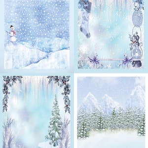 May include: A collage of four winter-themed watercolour illustrations. One features a snowman in a snowy landscape. Another shows a Christmas stocking and decorative elements. The third depicts a snowy forest with icicles. The last shows a snowy mountain range.