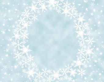 May include: A light blue background with a white snowflake wreath. The snowflakes are arranged in a circle, creating a frame for a blank space in the center. The background is covered in a light dusting of smaller snowflakes.