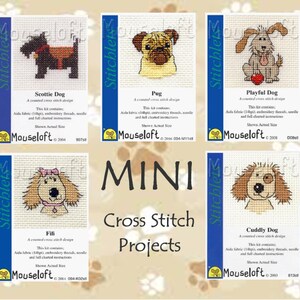 May include: Five counted cross stitch patterns featuring different dog breeds. The patterns are titled "Scottie Dog", "Pug", "Playful Dog", "Fifi", and "Cuddly Dog". Each pattern includes the text "Mouseloft" and a copyright year.