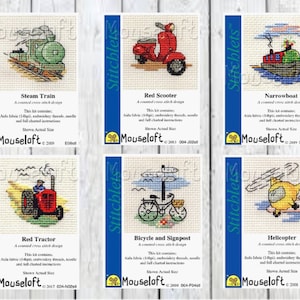May include: Six counted cross stitch kits featuring various transportation themes: a green steam train, a red scooter, a red narrowboat, a red tractor, a bicycle with a signpost, and a yellow helicopter. Each kit includes Aida fabric, embroidery thread, a needle, and full charted instructions. The kits are from Mouseloft.