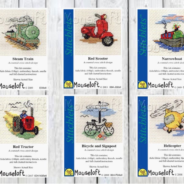 Mouseloft // Mini Cross stitch // Tractor Cross stitch // Helicopter // Train // Scooter // Bicycle // Narrowboat // Beginners Cross Stitch