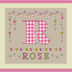 Meisjes pastel Bunting monogram//letter R//gepersonaliseerde alfabet sampler PDF//cross stitch patroon//Instant Download//PDF-grafiek