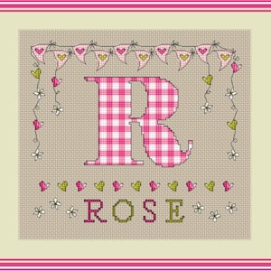 Girls Gingham Bunting Monogram // Letter R // Personalized Alphabet Sampler PDF // Cross Stitch Pattern // Instant Download // PDF Chart