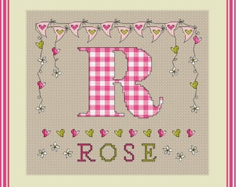 Girls Gingham Bunting Monogram // Letter R // Personalized Alphabet Sampler PDF // Cross Stitch Pattern // Instant Download // PDF Chart