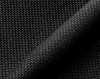 May include: Close-up of a black fabric with a textured weave. The fabric has a subtle sheen and a slightly rough feel.