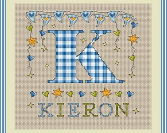 Boys Letter K Monogram // Cross stitch Letter K // Personalized Alphabet Sampler PDF // Cross Stitch Pattern // Instant Download PDF Chart