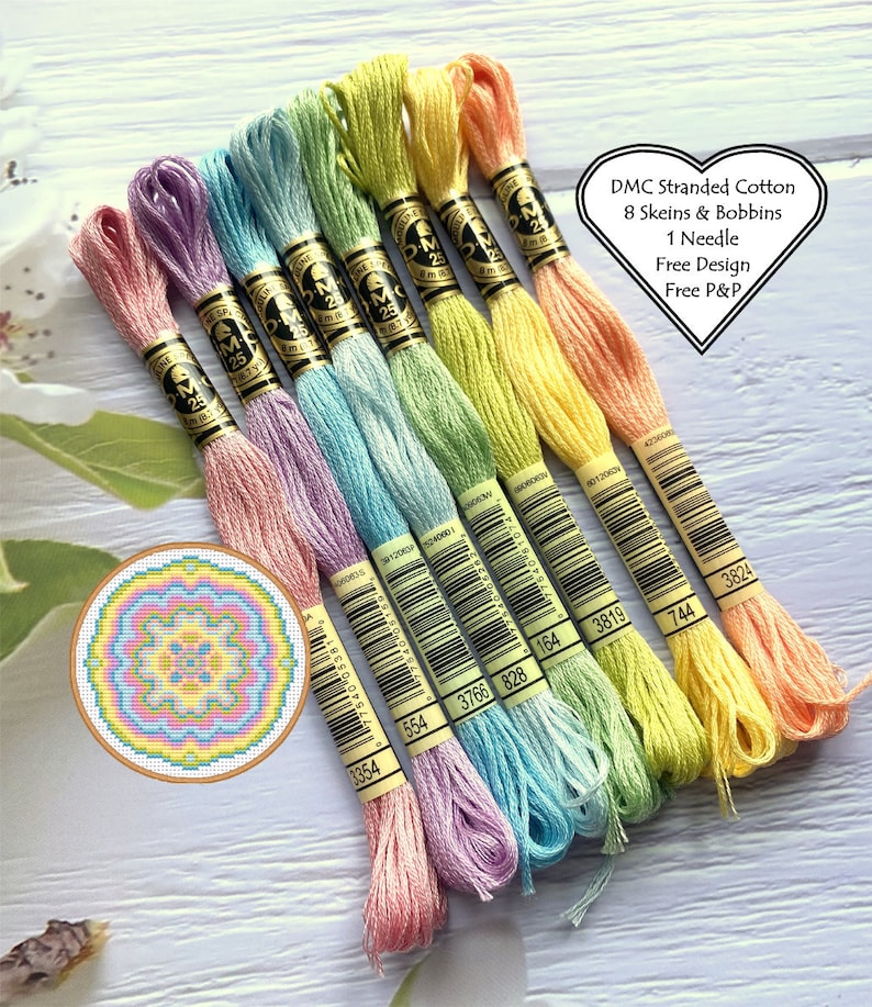 DMC Threads pastel rainbow selection of 8 pastel DMC skeins starter pack with plastic bobbins free cross stitch chart cross stitch embroidery threads