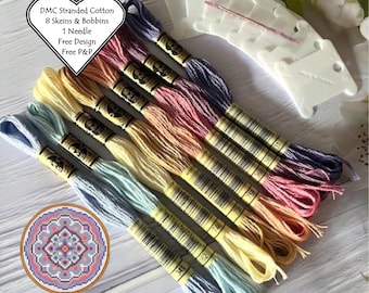 DMC Stranded Cotton // 8 Skeins Tranquil //DMC Threads // Cross Stitch Floss // Embroidery Threads / Free Mandala Pattern / DMC Starter Pack
