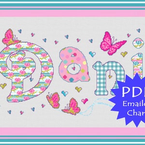 Gráfico personalizado en PDF de mariposa // Nombre Punto de cruz // Muestra de nombre // Muestra personalizada de placa de identificación de punto de cruz // Gráfico PDF enviado por correo electrónico