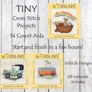 Mouseloft // Mini Cross stitch // Camper Van Cross stitch // Noahs Ark // Vintage Car Cross Stitch // Very Small Beginners Cross Stitch Kits