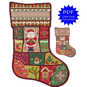 Peut inclure: Un modèle de point de croix pour une chaussette de Noël avec un patchwork de motifs festifs incluant le Père Noël, un renne, une canne en sucre et un nichoir. Le design inclut le texte PDF Chart Only Download.