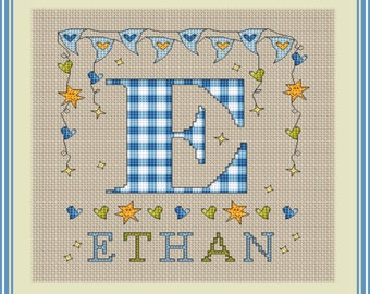 Boys Letter E Monogram // Cross stitch Letter E // Personalized Alphabet Sampler PDF // Cross Stitch Pattern // Instant Download PDF Chart