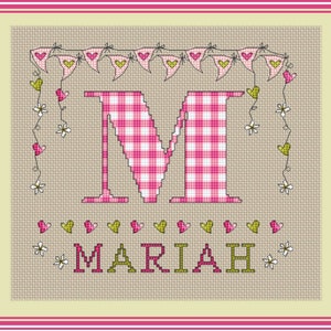 May include: Pink and white gingham letter M with a banner of pink and green hearts above and the name Mariah below.