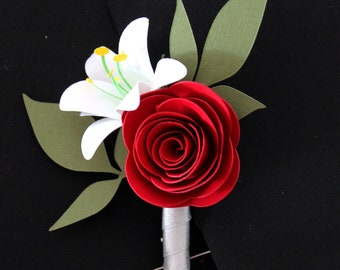 Paper Rose and Lily Boutonniere - The Isabel Boutonniere, Wedding Boutonniere, Groomsmen, Ring Bearer, Usher, Paper Flowers, Groom Flowers,