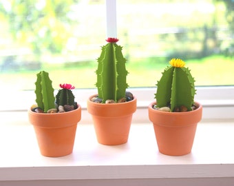 Terra Cotta Paper Cactus Mini Pots - Faux Cacti, Easy Care House Plants, Office Decor, Garage Decor, Kitchen Decor, Nursery Decor