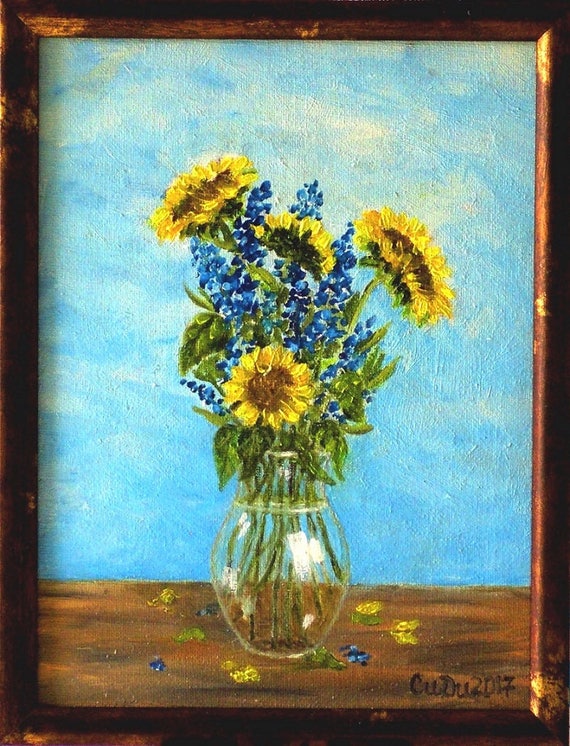 Sunflowers In A Glass Vase Original Painting Oil On Etsy