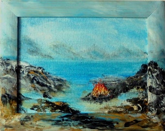 Campfire on the beach, oil painting, handmade