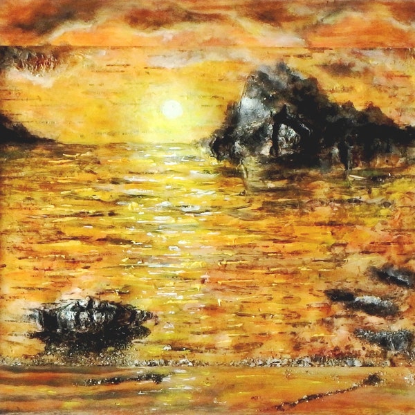 Peinture à l'huile sur écorce de bouleau - Coucher de soleil sur la mer