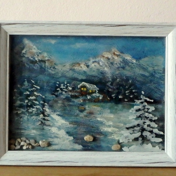 Oil painting, Winter fairy tale landscape, with fabulous hous in a winter snowy forest, Handmade