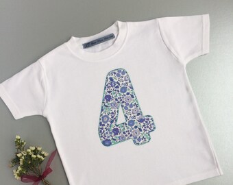 Personalised Birthday Tshirt, Liberty 4th Birthday Appliqué Tee, Baby Girl Boy Toddler Kids Age Number Initial Letter 1st 2nd 3rd birthday