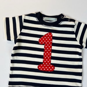 1st birthday Tshirt, baby boy 1st birthday outfit, number one shirt, first birthday gift present, navy red striped tee, age 1 stars appliqué