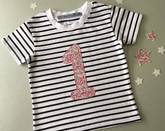 Liberty Birthday Tshirt, Age or Initial Applique Tshirt in liberty fabric on navy / white striped Tshirt, Boys Girls Baby Toddler Kids gift