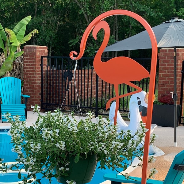 Flamingo Shepherd Hook - Wind Chimes - Bird Feeder - Plant Stand - 60 inches Tall Powder Coated Steel-Pool Decor