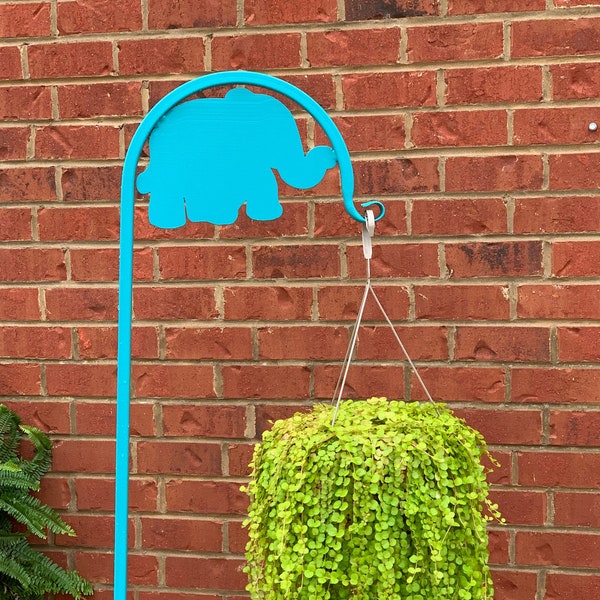 Elephant SHEPHERD HOOK 60" Metal Art Plant Hanger Flower hook bird feeder/ wind chime holder-Your color choice-four display options