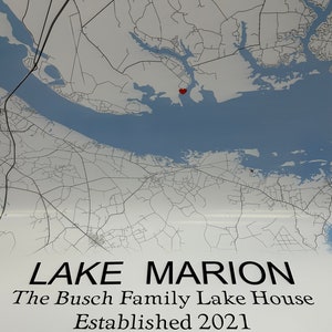 Custom Large Print of Lake Marion, Lake Murray, Lake Wateree South Carolina Map - with your Coordinates/Location marked- Your Family Name