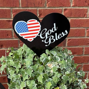 American Flag-Heart-God Bless America-Metal Stake in Ground or Flower Pots.