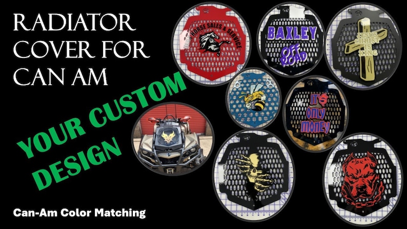 May include: Custom radiator covers for Can-Am vehicles. The covers are made of black metal with a honeycomb pattern and feature various designs, including a horse, a bee, a skull, a cross, a bulldog, and text. The text includes "It's only money", "Baxley Off Road", and "Horse Sales & Service".