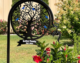 Tree of Life Shepherd Hook with Custom Banner for Message-with Blue Bird(s)- four display options- Your Family Name- Great Gift Idea