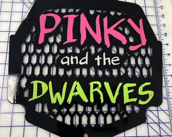 May include: Black metal sign with a honeycomb pattern. The sign says "PINKY and the DWARVES" in pink and green lettering.