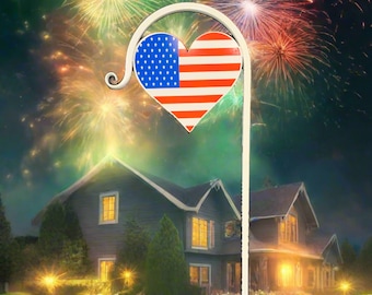 American Flag in a Heart Hook - Wind Chime/ Bird Feeder / Plant Hanger - Holder 60" tall powder coated steel Yard Decor-Flower hanger-hook-