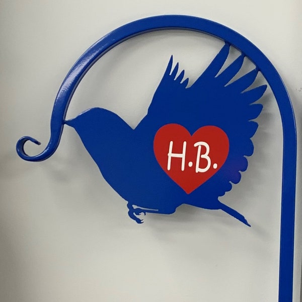 Blue Bird Shepherd Hook Custom with your Message - Memorial Display - Wind Chimes Holders- Bird Feeder hook -60" Tall- four display Options