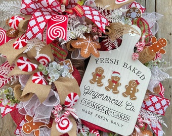 Gingerbread  wreath for front door, kitchen  Christmas wreath, Peppermint wreath,  gingerbread decor