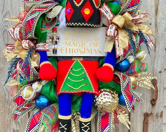 Nutcracker Christmas wreath, Red blue and green Nutcracker wreath, Traditional Christmas wreath, Believe in the Magic of Christmas decor