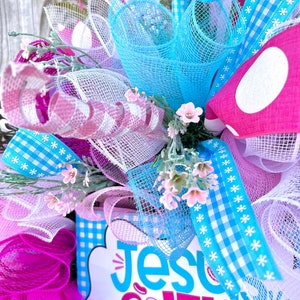 Eater decor, religious Easter wreath for door, pink and blue Easter wreath, whimsical Easter decor, Easter jelly beans image 6