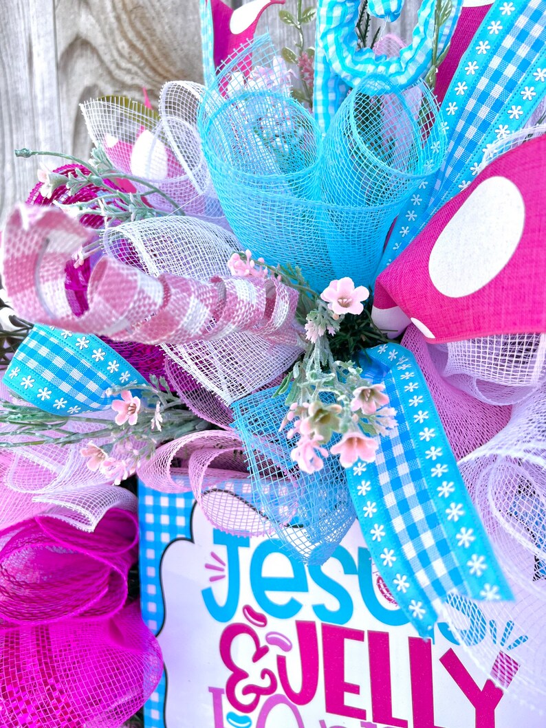 Eater decor, religious Easter wreath for door, pink and blue Easter wreath, whimsical Easter decor, Easter jelly beans image 6