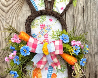 Easter bunny door hanger, Easter wreath, bunny with carrots  wreath, spring door hanger